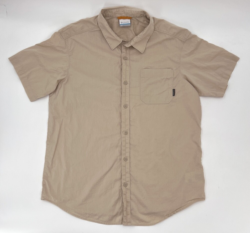 Columbia Shirt mens large Beige Button up Short Sleeve Outdoor Hiking Collar